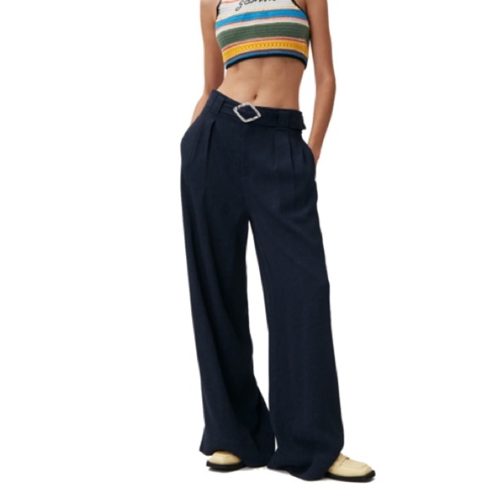 Ganni Wide Leg Trousers Belted Skycap Blue Sz 44 XL US 14 Designer Baggy Slouchy